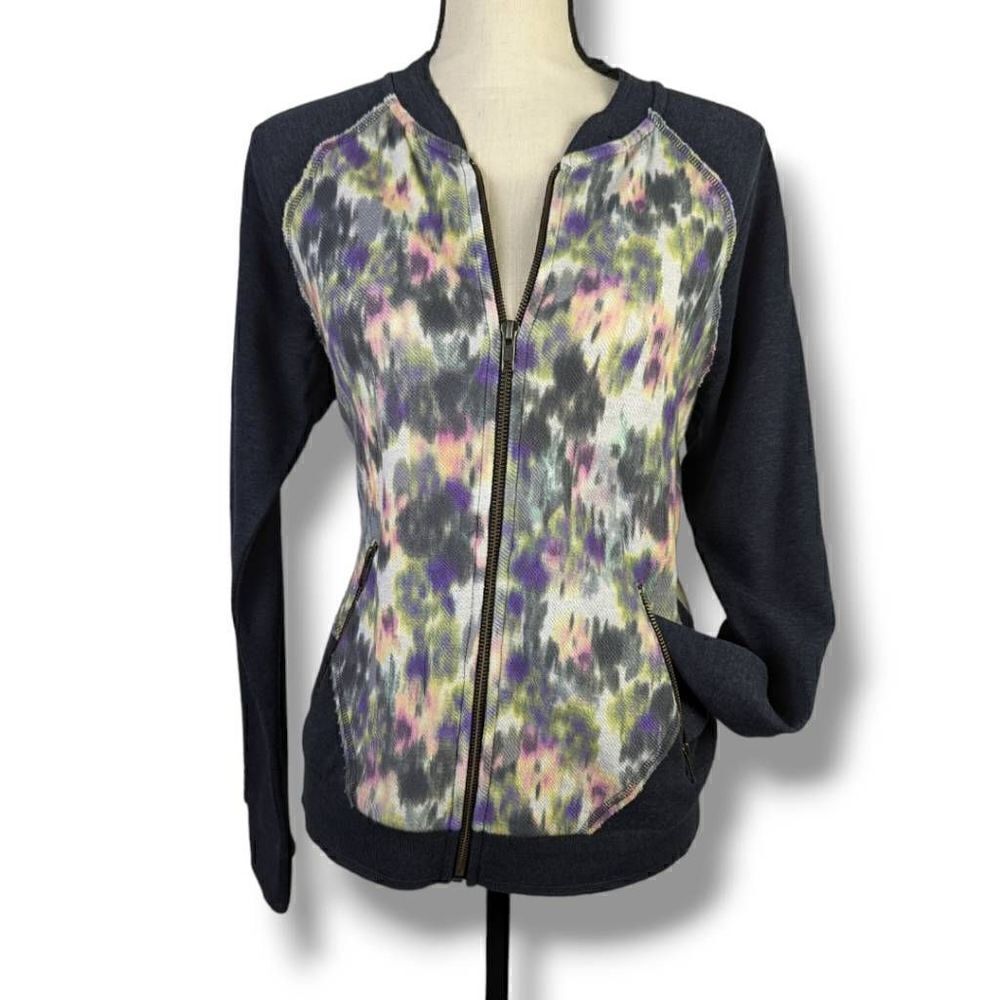 Kensie Womens Full Zipper Tie-Dye Front Raglan Performance Jacket Black Medium